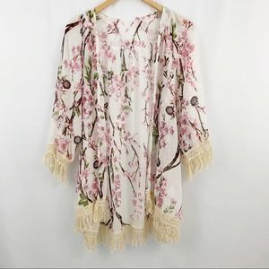 White and Pink Floral Kimono with Fringe L